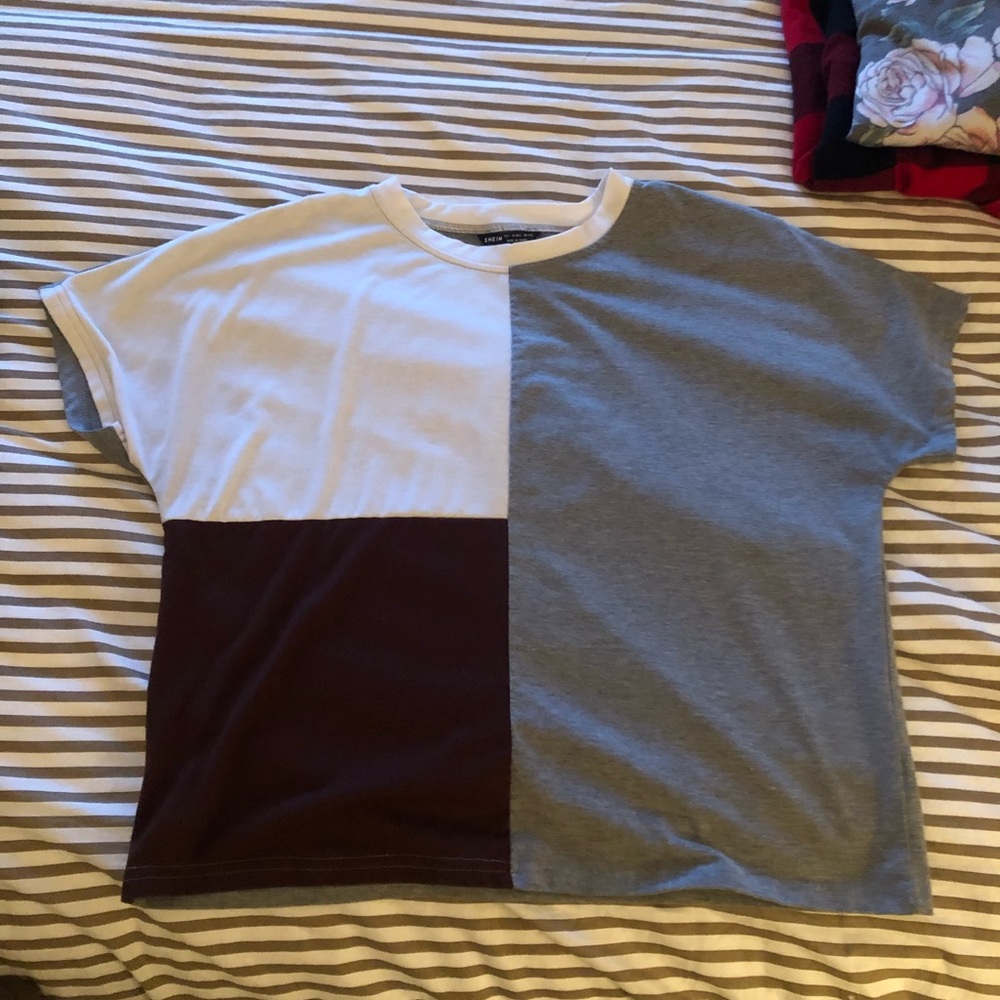 White, gray and maroon top